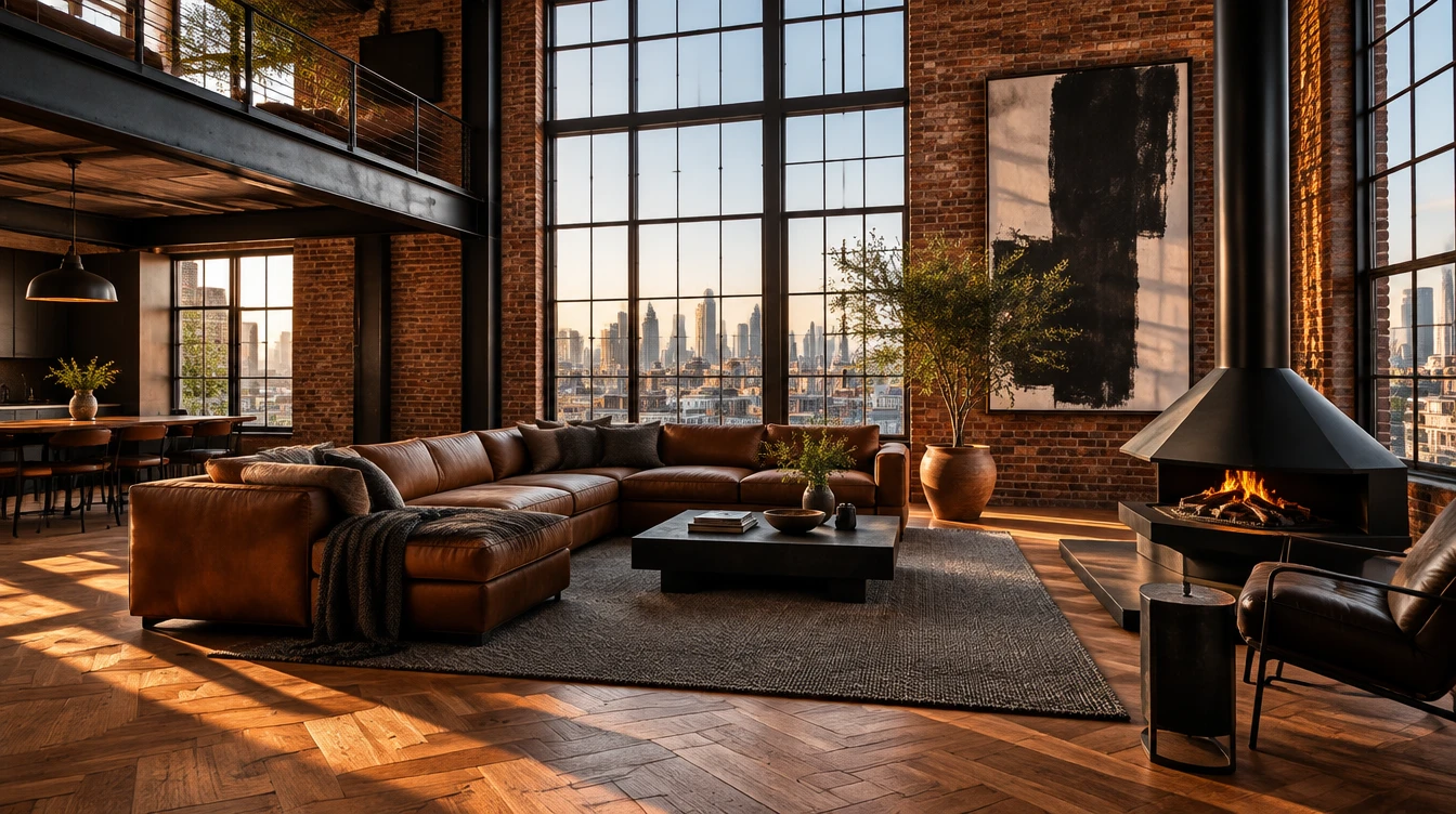 Industrial loft living room with brick walls, leather seating and tall steel windows