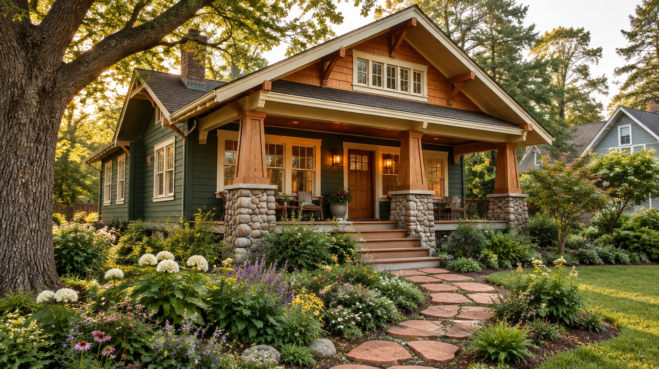 A forest-green Craftsman home with cedar gables, a stone-columned porch and a cottage garden