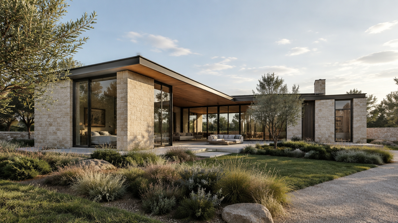 A fictional limestone courtyard house in warm afternoon light